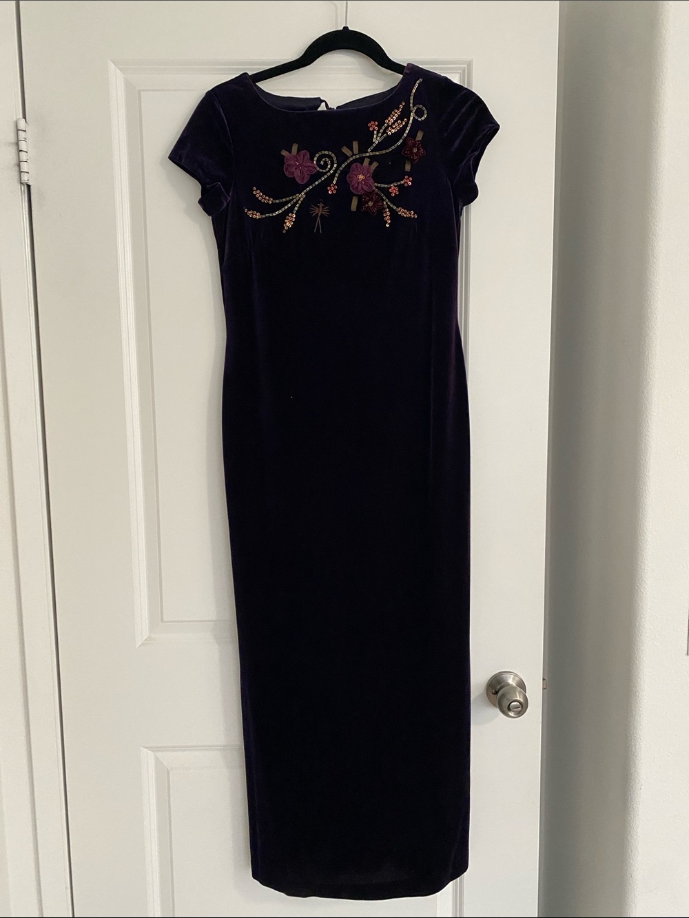 Carole Little Deep Purple Velvet Maxi Dress with Floral Embroidery